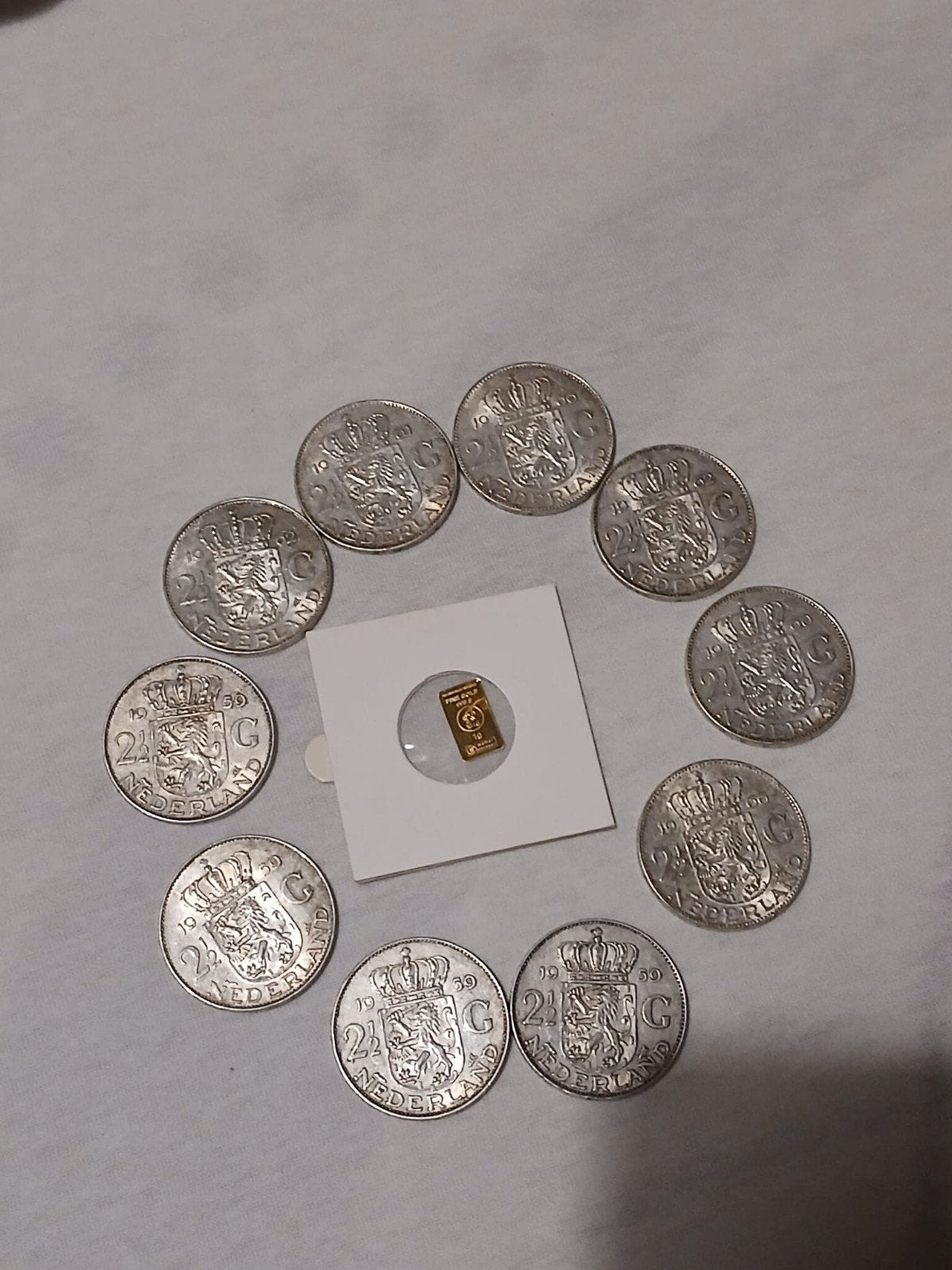 Zilveren 2½ Gulden munten en 1g goudbaar, Koningin Juliana, Setje, Goud, Ophalen of Verzenden