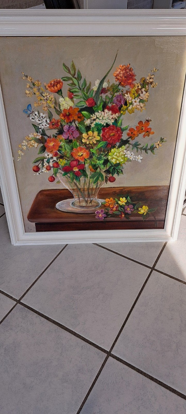 Schilderij met kleurrijk bloemstilleven in vaas, Antiek en Kunst, Handgeschilderd, Doek, Olieverf, Klassiek