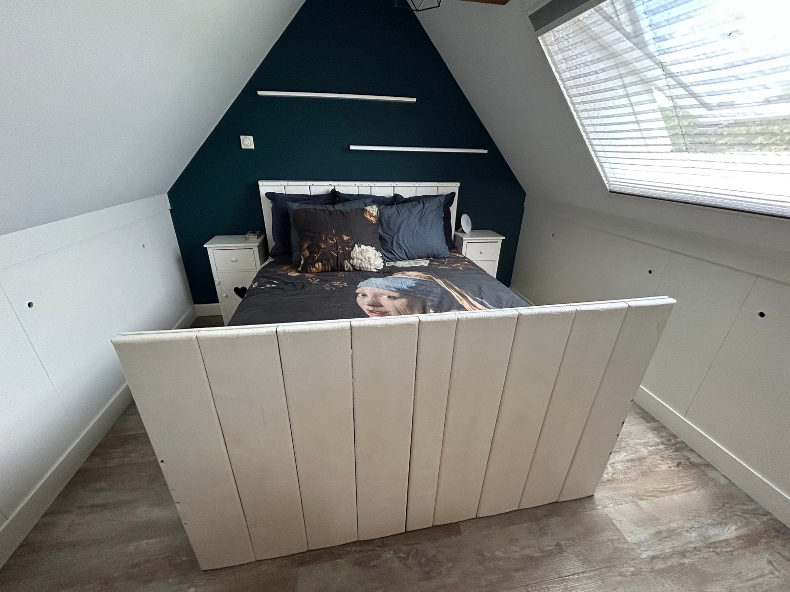 Steigerhouten bed 160x200 meter, Ophalen, Wit, Steigerhout, Tweepersoons