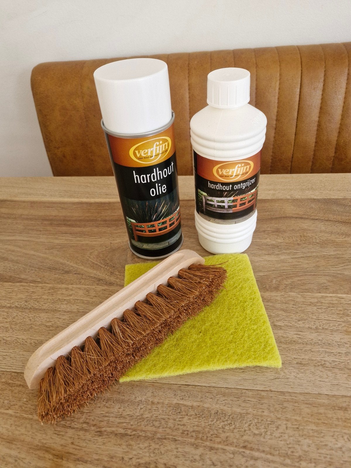 Hardhout Onderhoudsset: Olie, Ontgrijzer, Borstel & pad, Ophalen of Verzenden, Nieuw