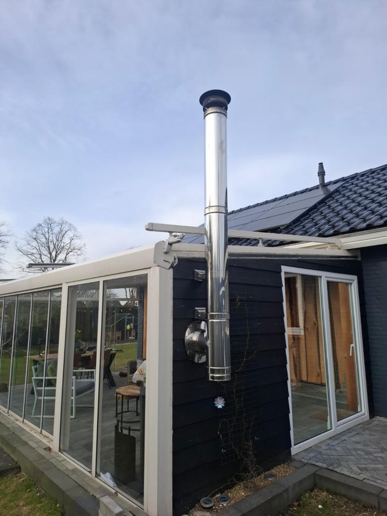 Rvs dubbelwandig 150mm T stuk nisbus trekkap muurbeugels, Ophalen, Zo goed als nieuw, Rvs, 80 mm of meer