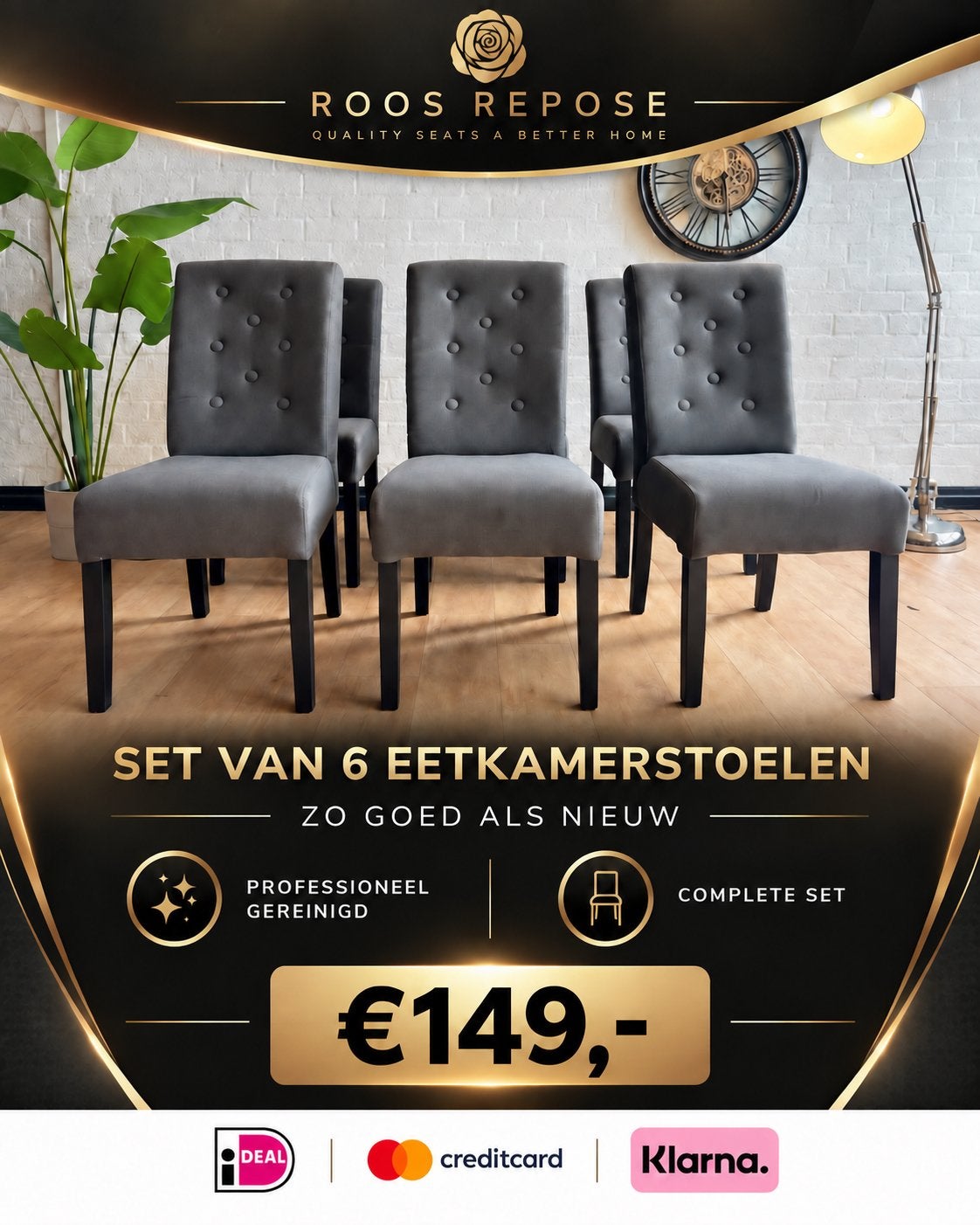 Set van 6 luxe grijze eetkamerstoelen – zo goed als nieuw, Luxe, Ophalen of Verzenden, Zo goed als nieuw, Vijf, Zes of meer stoelen