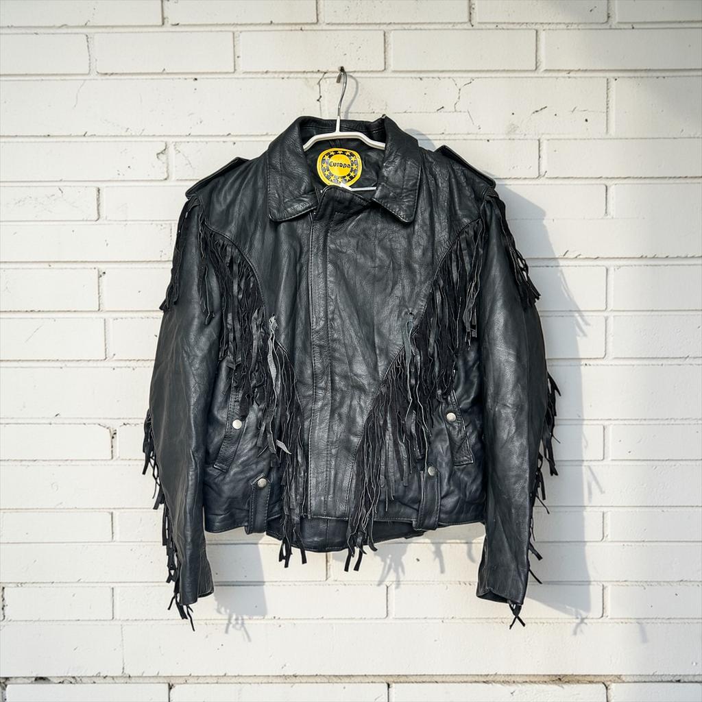 Vintage Jas Maat 46 Zwart Leer Moto Cowboy Franjes Europa, Kleding | Dames, Europa, Zwart, Maat 46/48 (XL) of groter, Ophalen of Verzenden