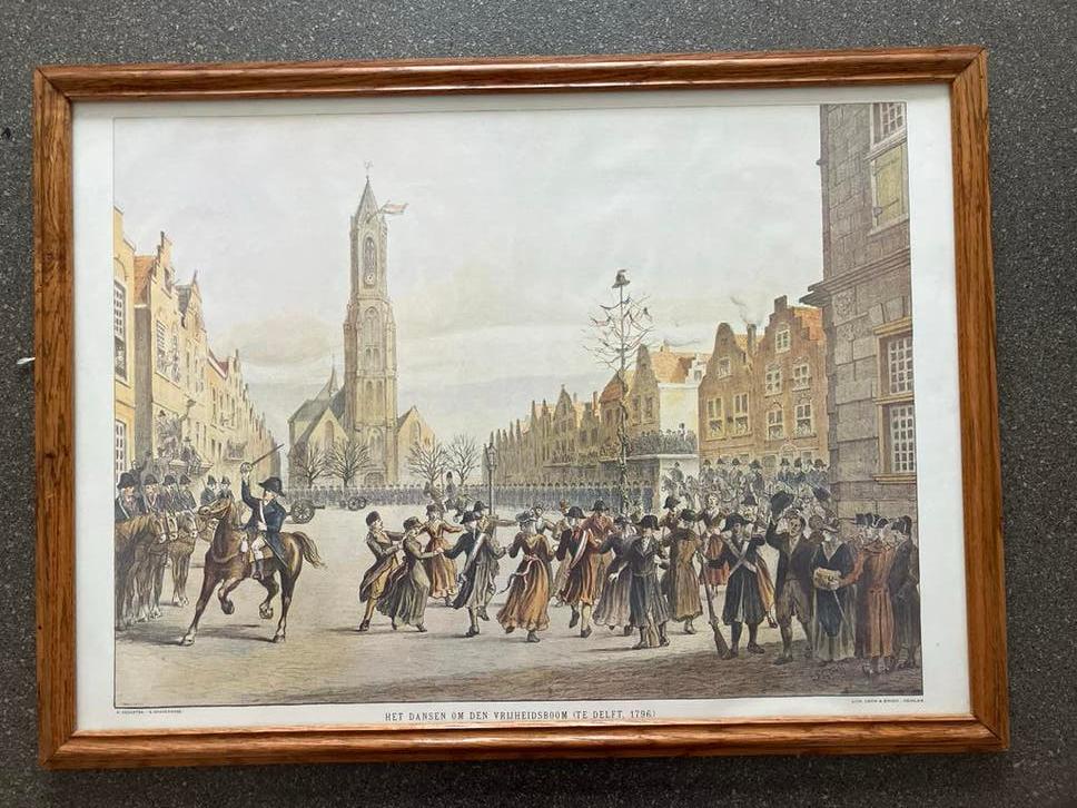 Grote schilderij 'Het dansen om den vrijheidsboom Te Delft, Antiek en Kunst, Kunst | Schilderijen | Klassiek, Ophalen