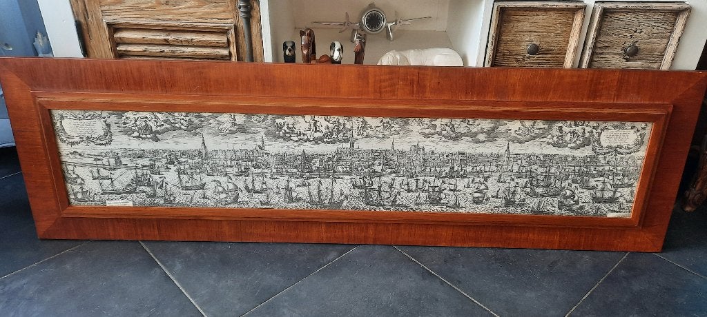 Print Jan Saenredam Grote ingelijste panoramaprent Amsterdam, Ophalen of Verzenden, Zo goed als nieuw, 125 cm of meer, Print