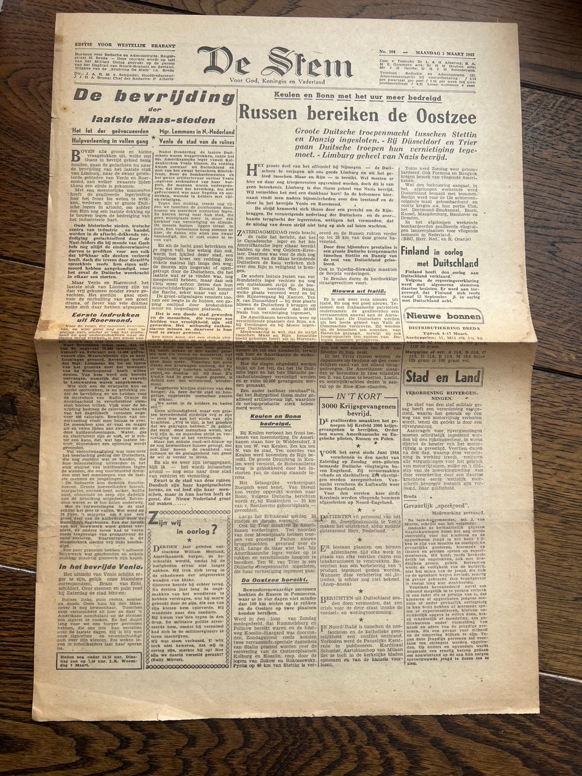 Nederlands krant Breda Bevrijding Roermond maart 1945, Verzenden, Overige soorten, Nederland, Boek of Tijdschrift