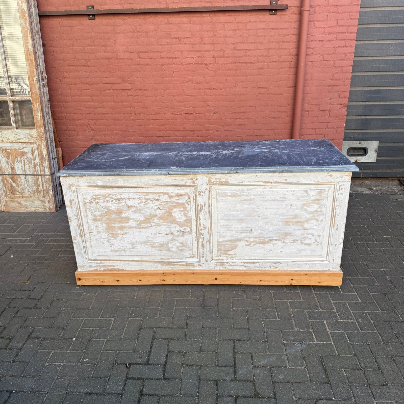 Keukenblok met witte patina en zwart marmeren blad, Ophalen of Verzenden, Zo goed als nieuw, Hout