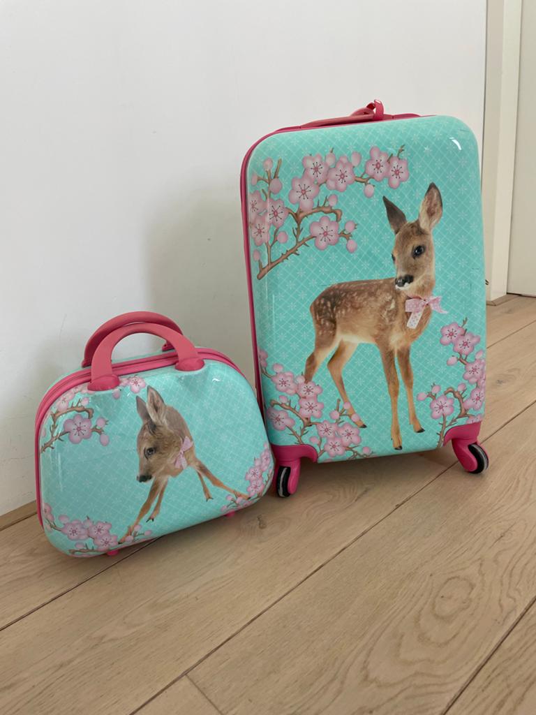 Rolkoffer en beautycase met hertjesprint, Ophalen of Verzenden, Zo goed als nieuw, Overige kleuren, Hardcase