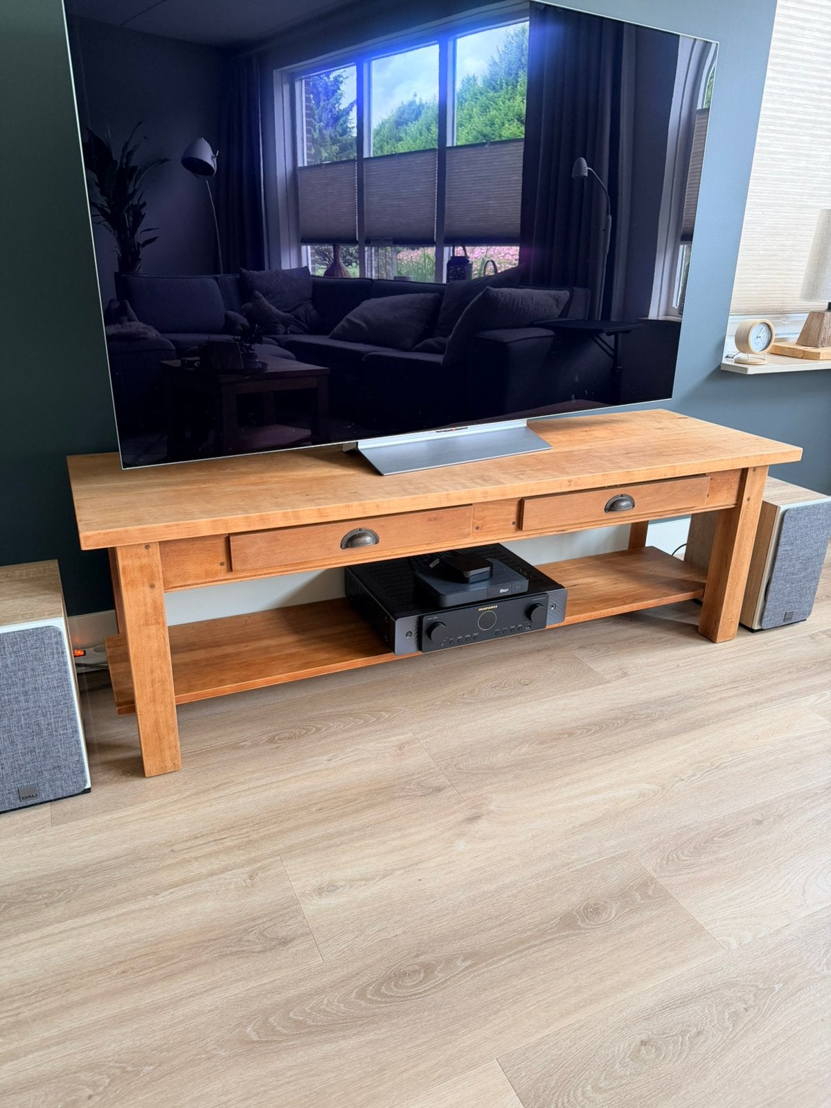 Massief Teakhouten TV meubel, 160b,  50dx 53h, Huis en Inrichting, Kasten | Televisiemeubels, Ophalen, Zo goed als nieuw, 25 tot 50 cm