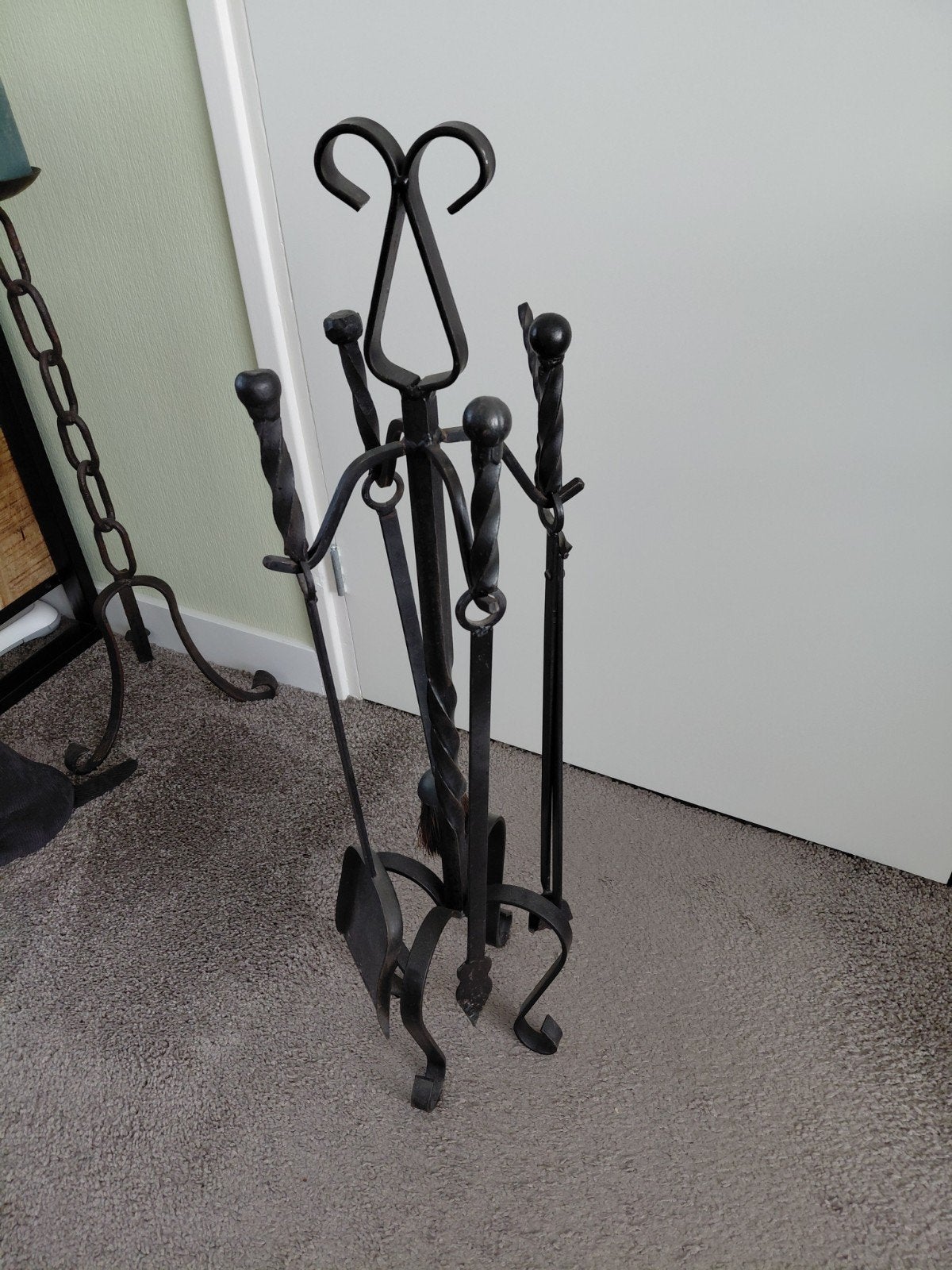 Smeedijzeren haardstel met 4 accessoires, Ophalen, Gebruikt, Vrijstaande haard, Overige soorten