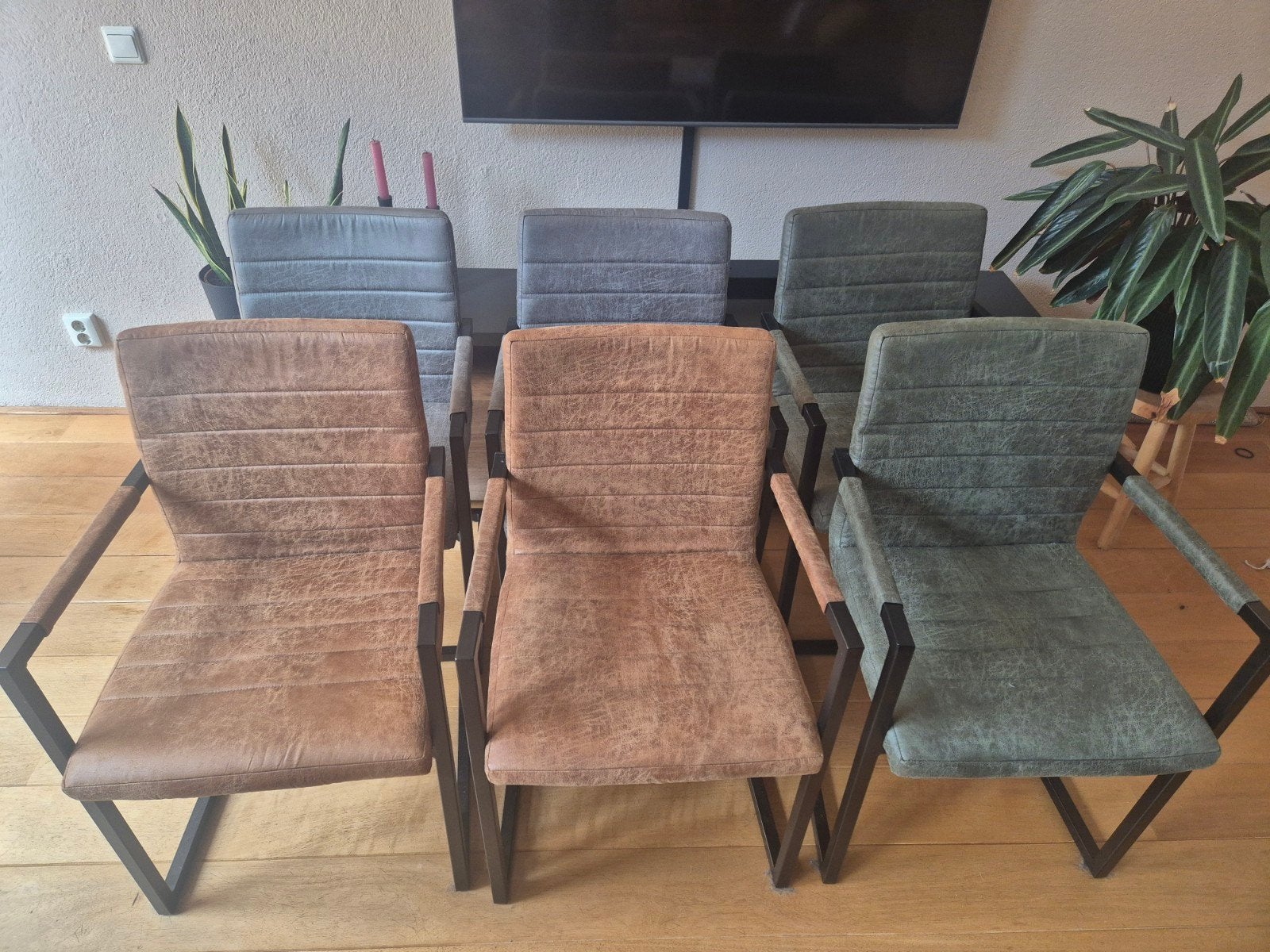 kapotte eetkamerstoelen set van 6, lederlook 3 kleuren, Ophalen, Overige materialen, Gebruikt, Grijs