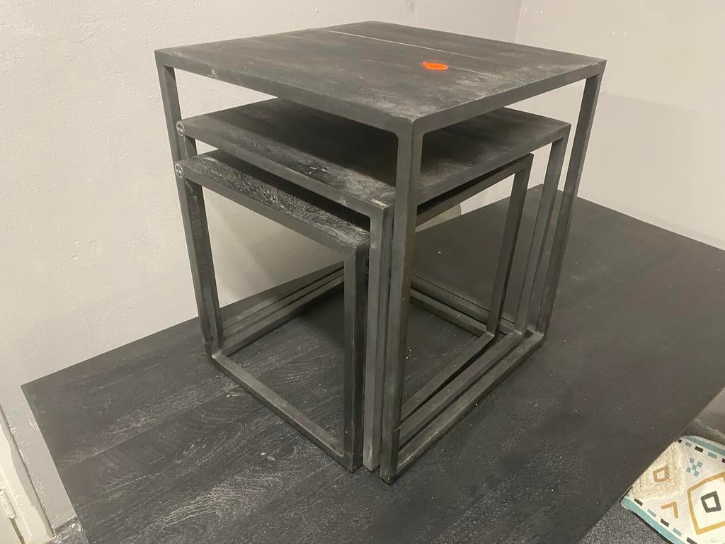 3-delige salontafel set - Zwart metaal en hout