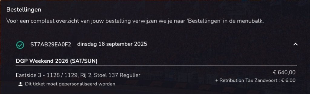 DUTCH GP 2026 Zaterdag/Zondag ticket Eastside 3, 1 ticket, Eén persoon, Augustus
