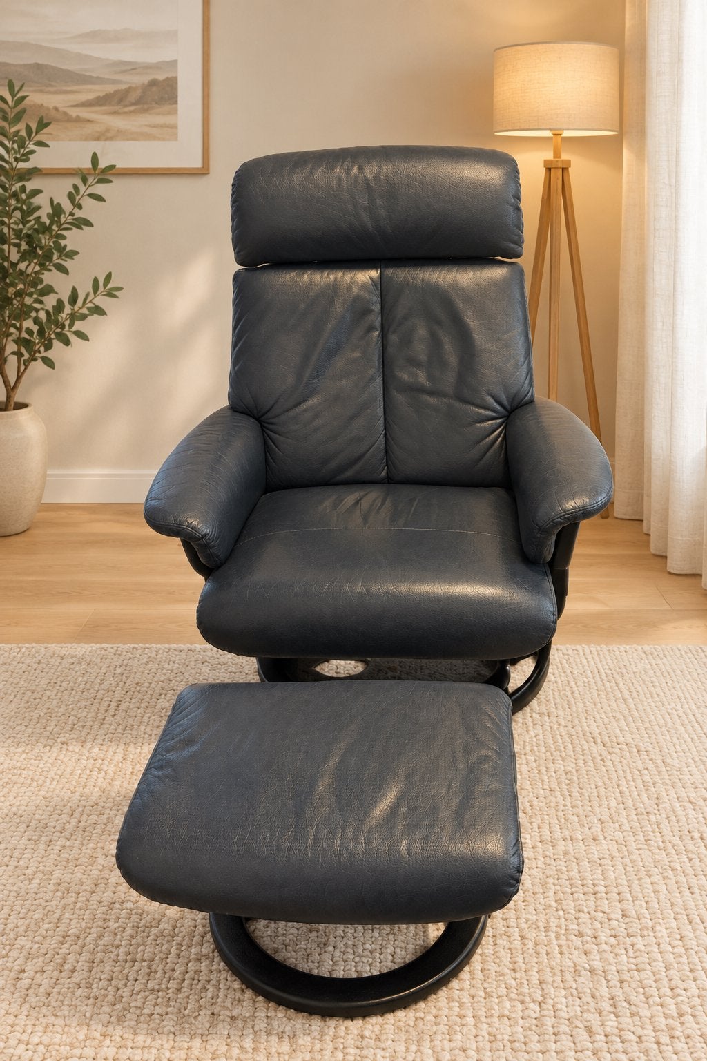 Relaxfauteuil van Skaileer met voetenbank - Donkerblauw, Ophalen, Overige materialen, Gebruikt, Blauw
