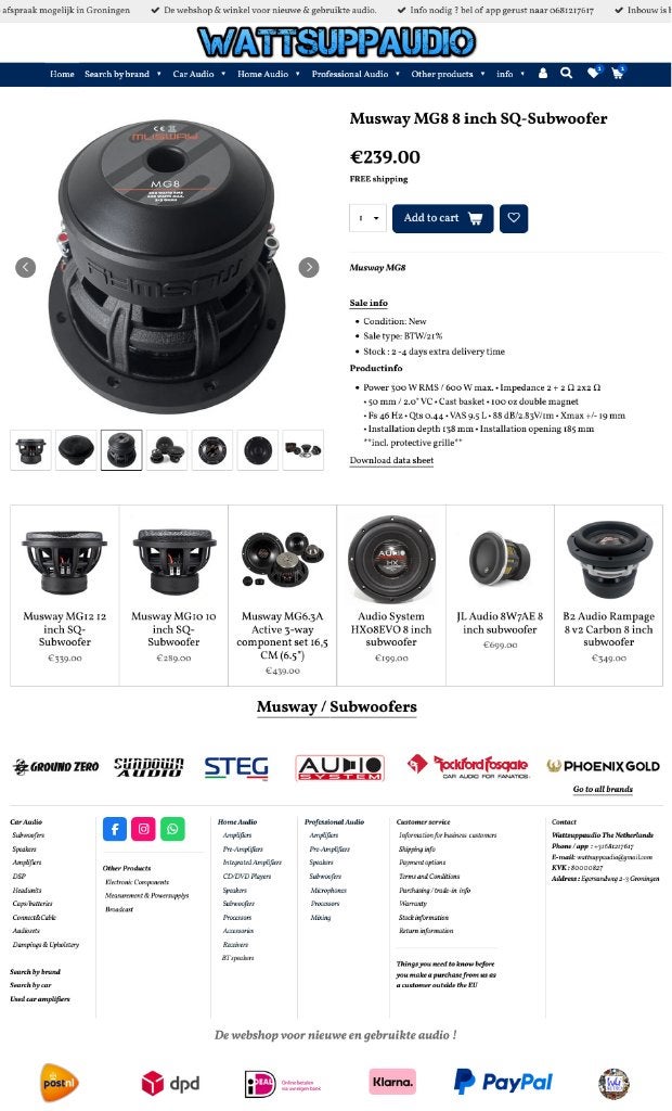 Musway MG8 8 inch SQ-Subwoofer, Auto diversen, Autospeakers, Audio Design, Nieuw, Am Breilingsweg 3, 76709 Kronau, Duitsland, Ophalen of Verzenden
