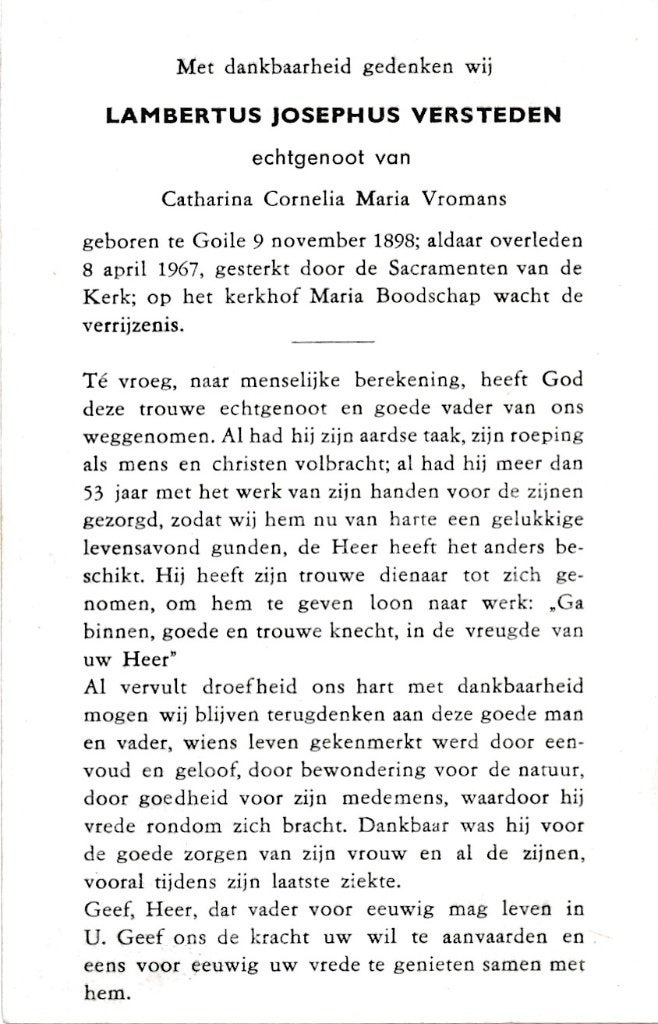 Versteden Lambertus 1898 Goirle 1967, Ophalen of Verzenden, Bidprentje