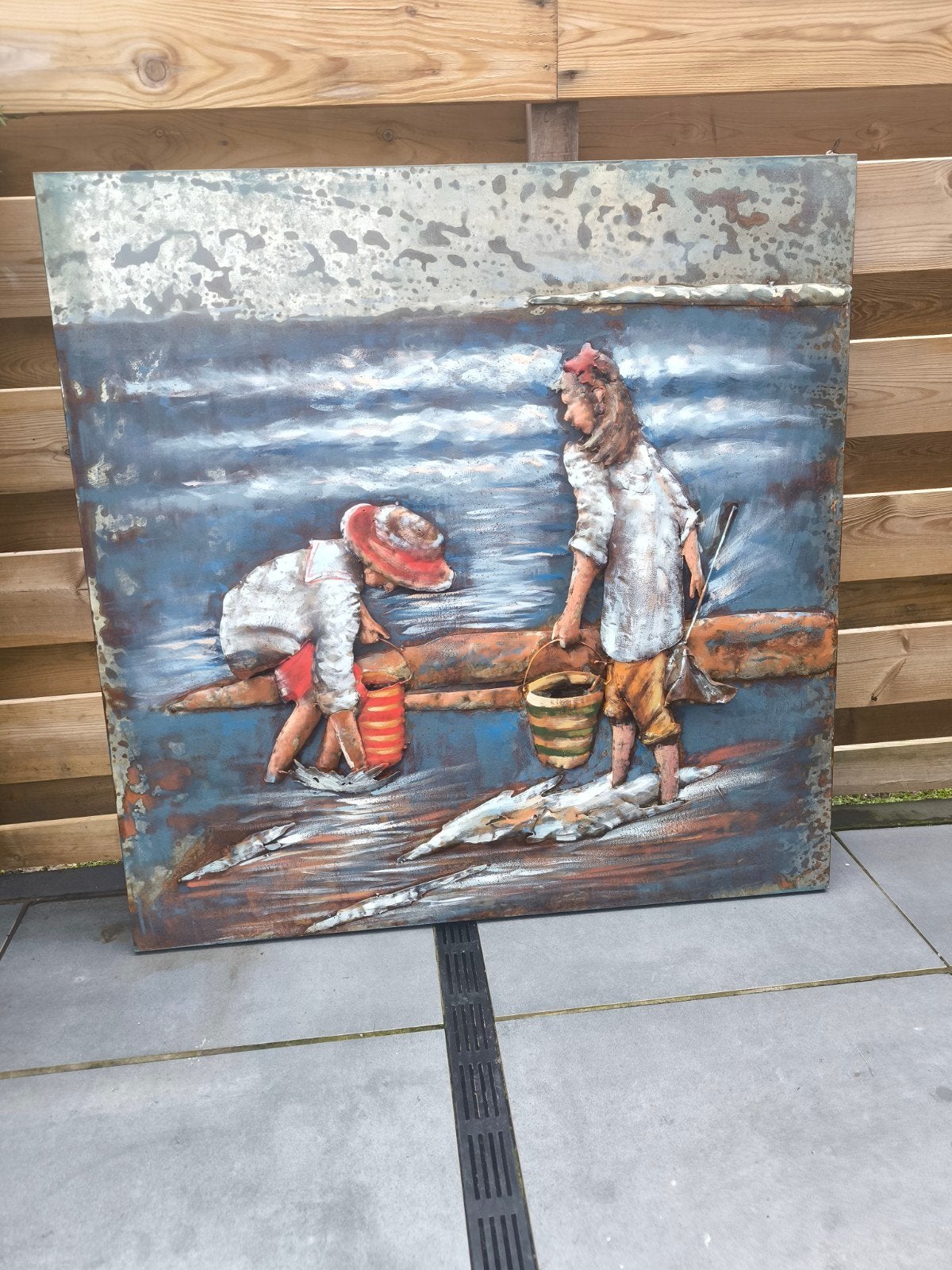 Metalen schilderij 100x100 cm - Kinderen aan het water, Antiek en Kunst, Ophalen, Metaal, 3D-effect, Figuren