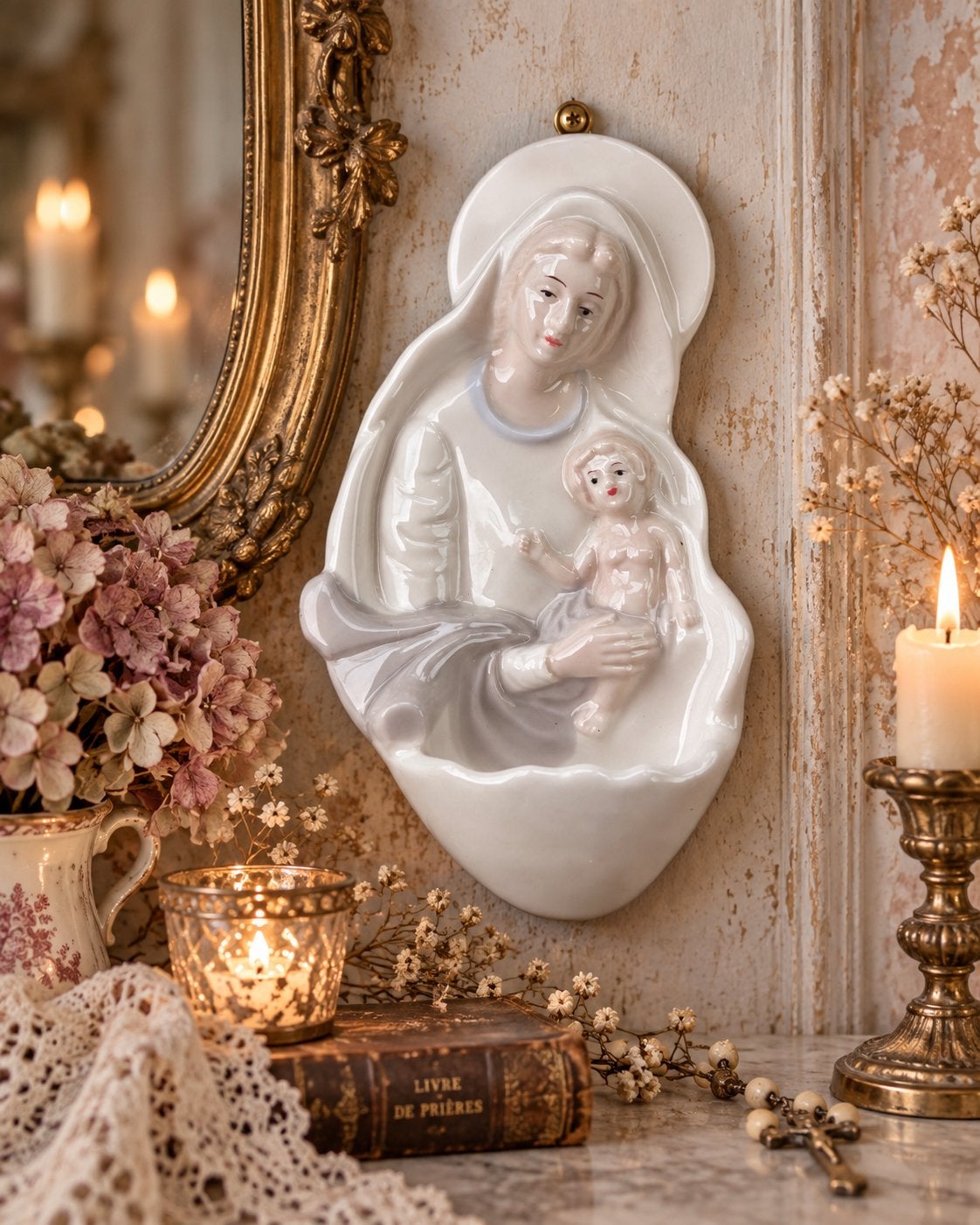 Vintage Mariabeeld met kindje Jezus wijwaterbakje, Ophalen of Verzenden