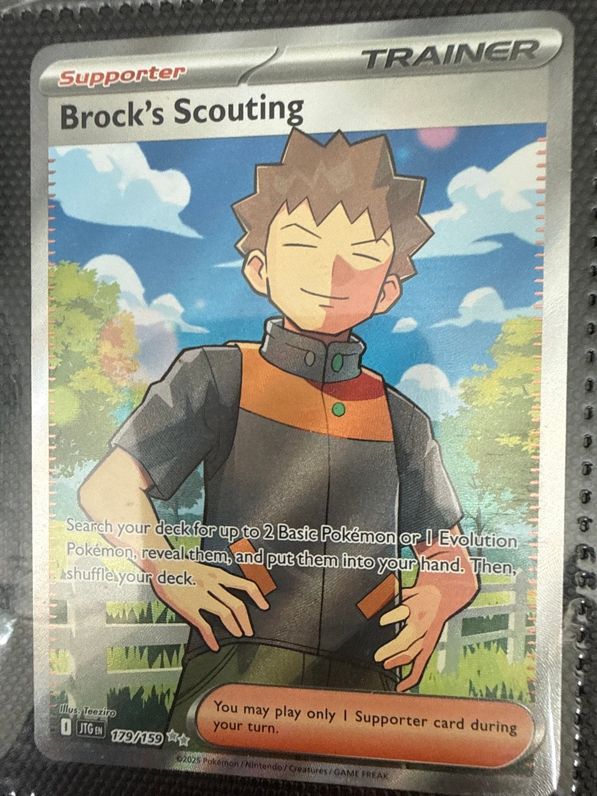 Brock's Scouting Supporter Trainer Kaart Pokémon TCG, Ophalen of Verzenden, Zo goed als nieuw, Losse kaart, Foil