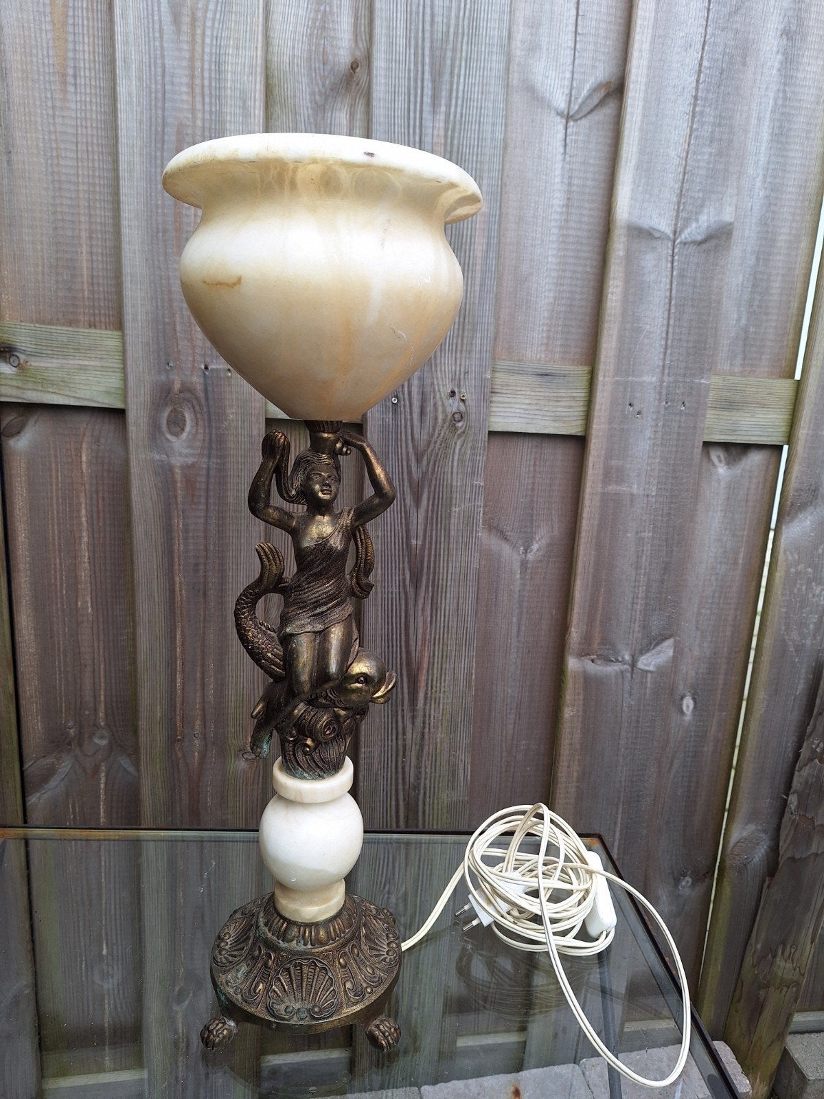 Antieke marmeren en bronzen tafellamp met zeemeermin, Ophalen of Verzenden