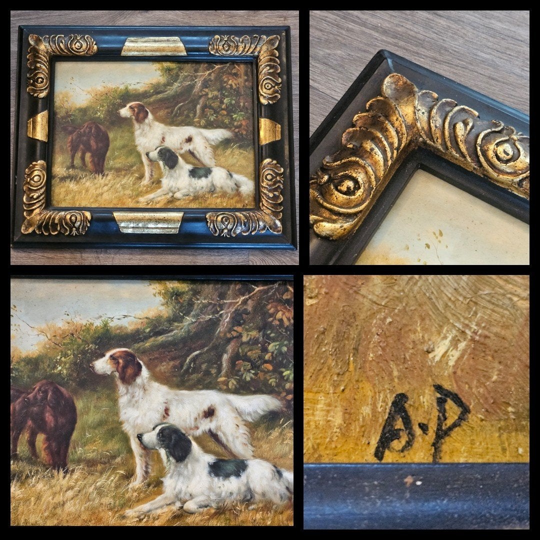 olieverf op paneel, jachthonden in een landschap, gesigneerd, Antiek en Kunst, Kunst | Schilderijen | Klassiek, Paneel, Dieren