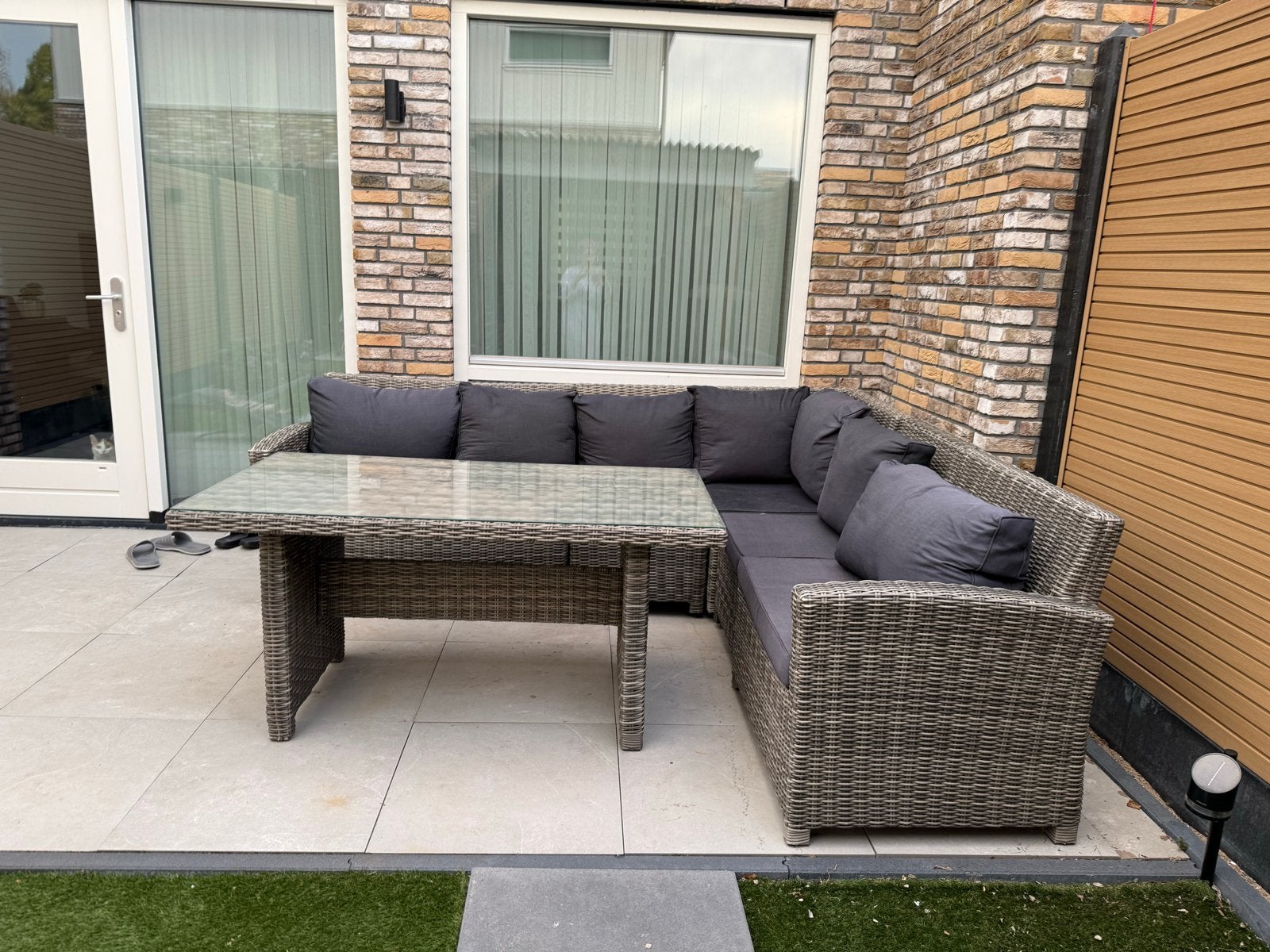 Loungebank tuinset met tafel - Wicker grijs, Tuin en Terras, Ophalen, 5 zitplaatsen, Gebruikt, Loungeset