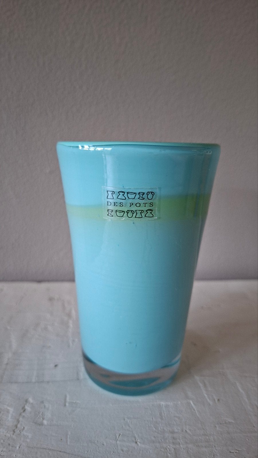 Des Pots vaasje glas blauw/groen 13 cm hoog, Antiek en Kunst, Ophalen of Verzenden