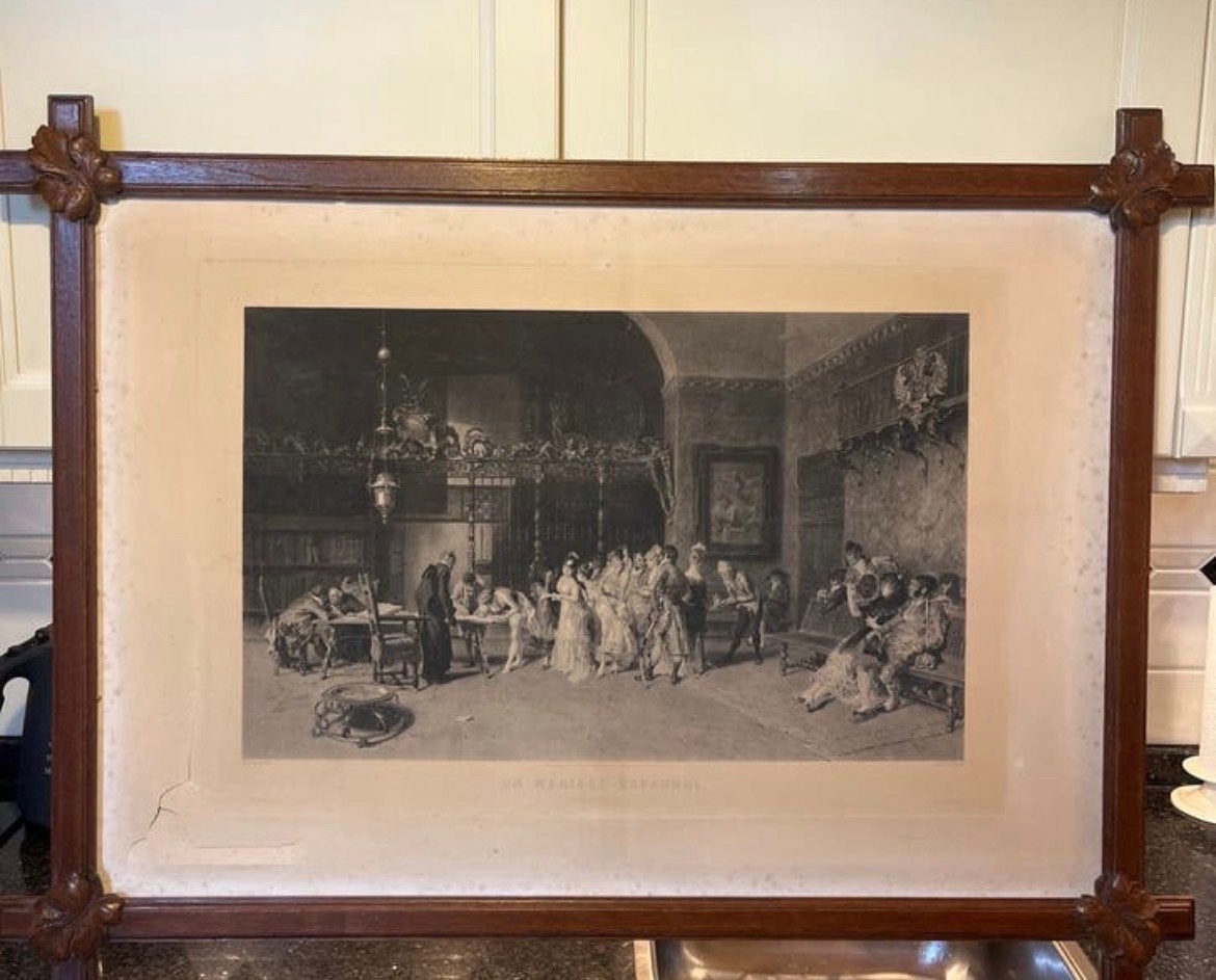 Antieke Gravure 'Un Mariage Espagnol' - Fortuny, Antiek en Kunst, Ophalen, Dagelijks leven, 1800 - 1899, Met passe-partout