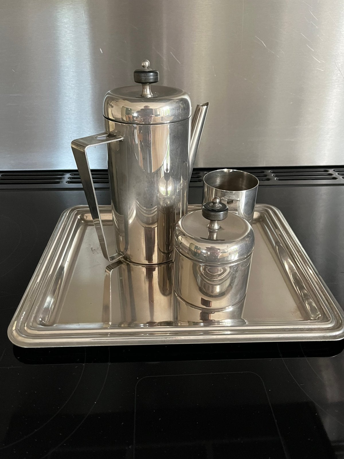 Art Deco metalen koffieservies, bakeliet knop, set  dienblad, Ophalen of Verzenden