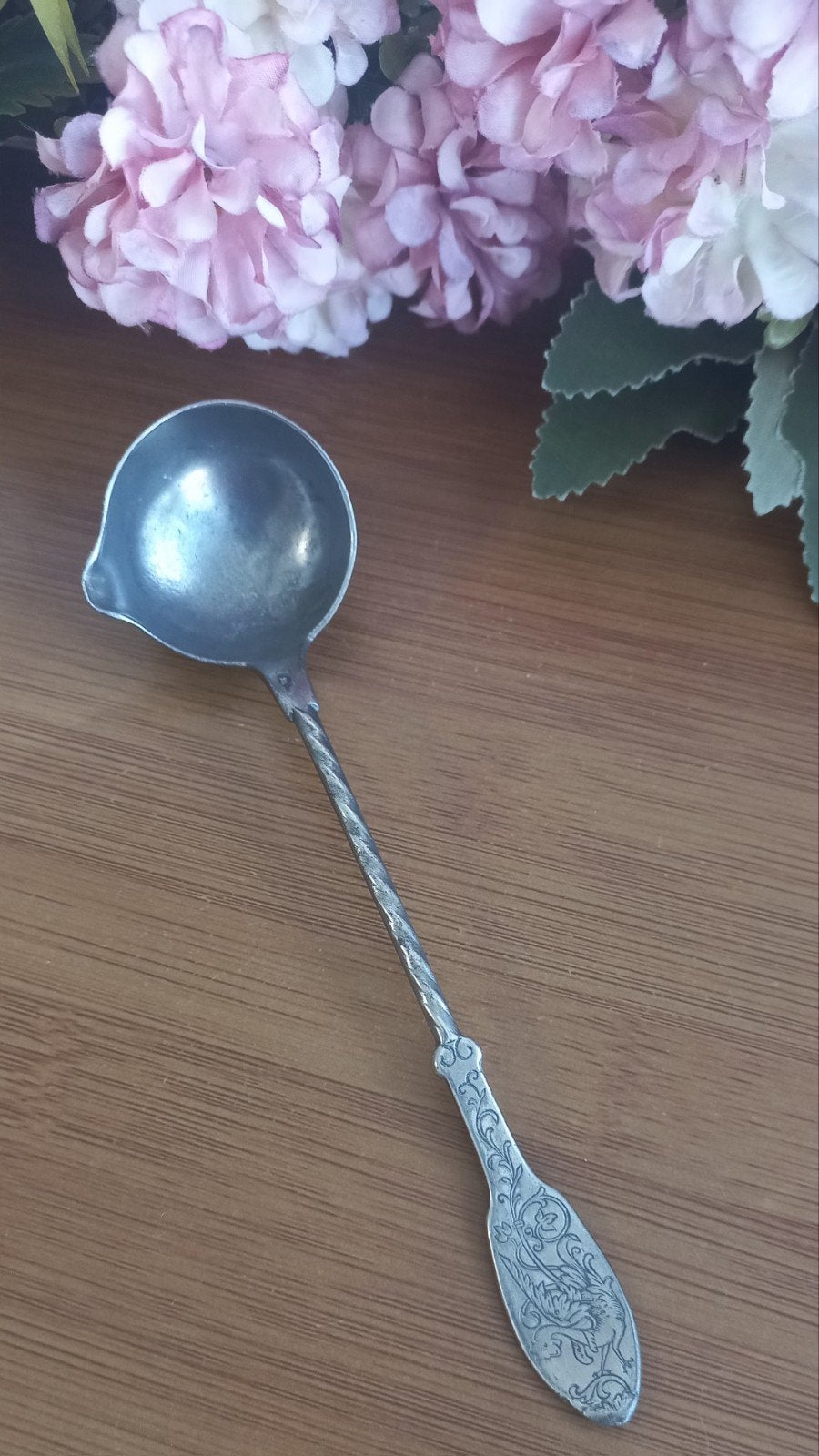 Mooie brocante tinnen "boerenjongenslepel", vliegende draak, Ophalen of Verzenden