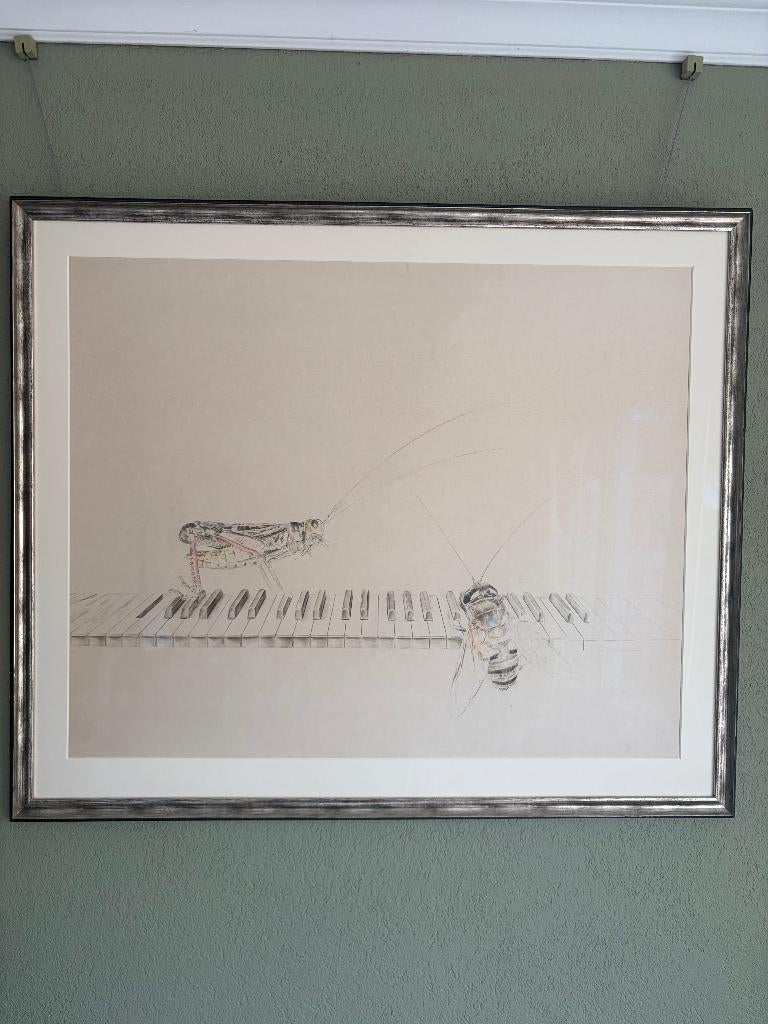 Corstiaan de Vries - Sprinkhaan en Bij op piano (94x80), Ophalen of Verzenden