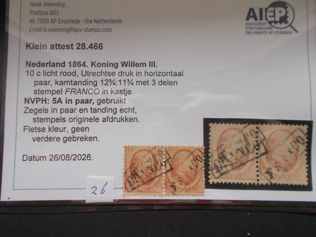 Ned 5A in paar gestempl met attest, Ophalen of Verzenden, T/m 1940, Gestempeld