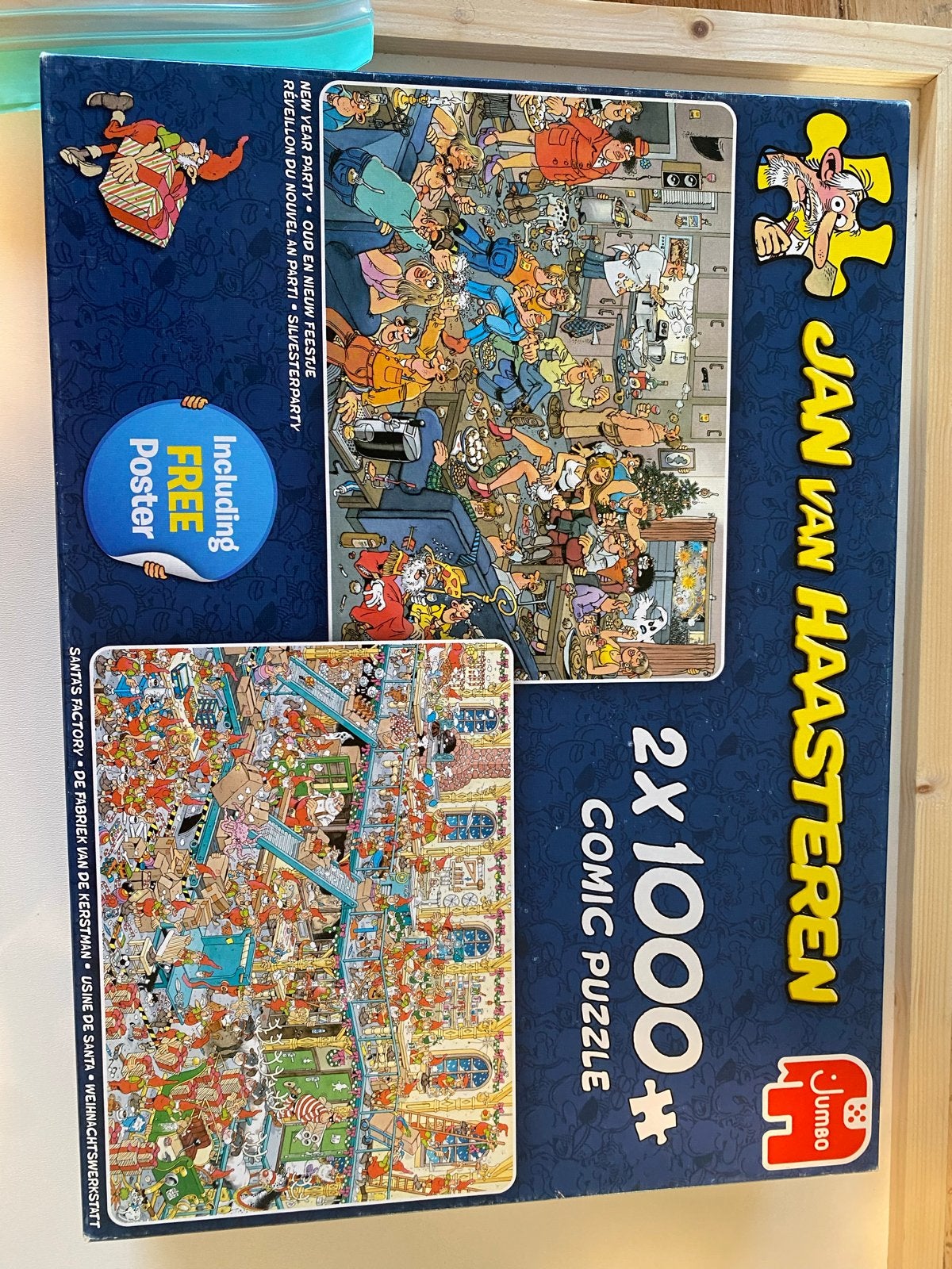Ruilen Jan van Haasteren 2x 1000.Oud&Nieuw, Kerstman pakhuis, Ophalen of Verzenden, 500 t/m 1500 stukjes, Gebruikt, Legpuzzel