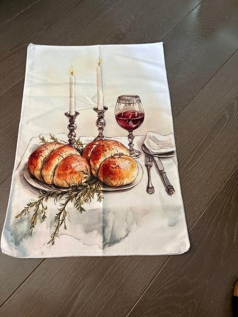 Keuken/Gastenhanddoeken v sabbatsbrood + challa,wijn,kaars, Met decoratie, Meerkleurig, Nieuw, Theedoek of Handdoek