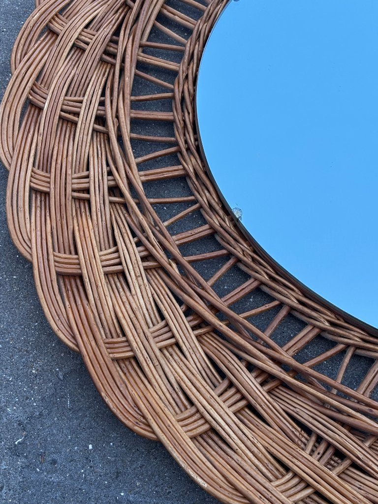 Vintage XL rotan riet spiegel, 60's design, Vintage spiegel, Ophalen of Verzenden, Zo goed als nieuw, 75 tot 100 cm