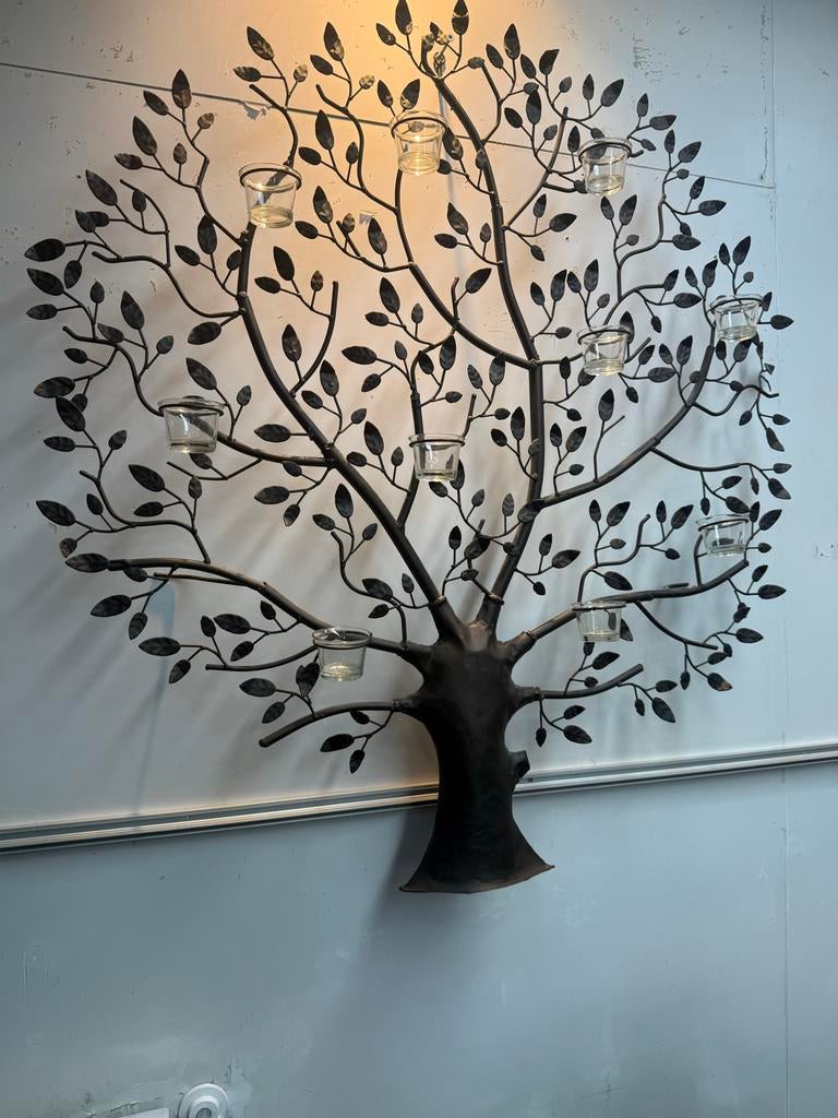 Metalen boom wanddecoratie met theelichthouders, Ophalen, Zo goed als nieuw