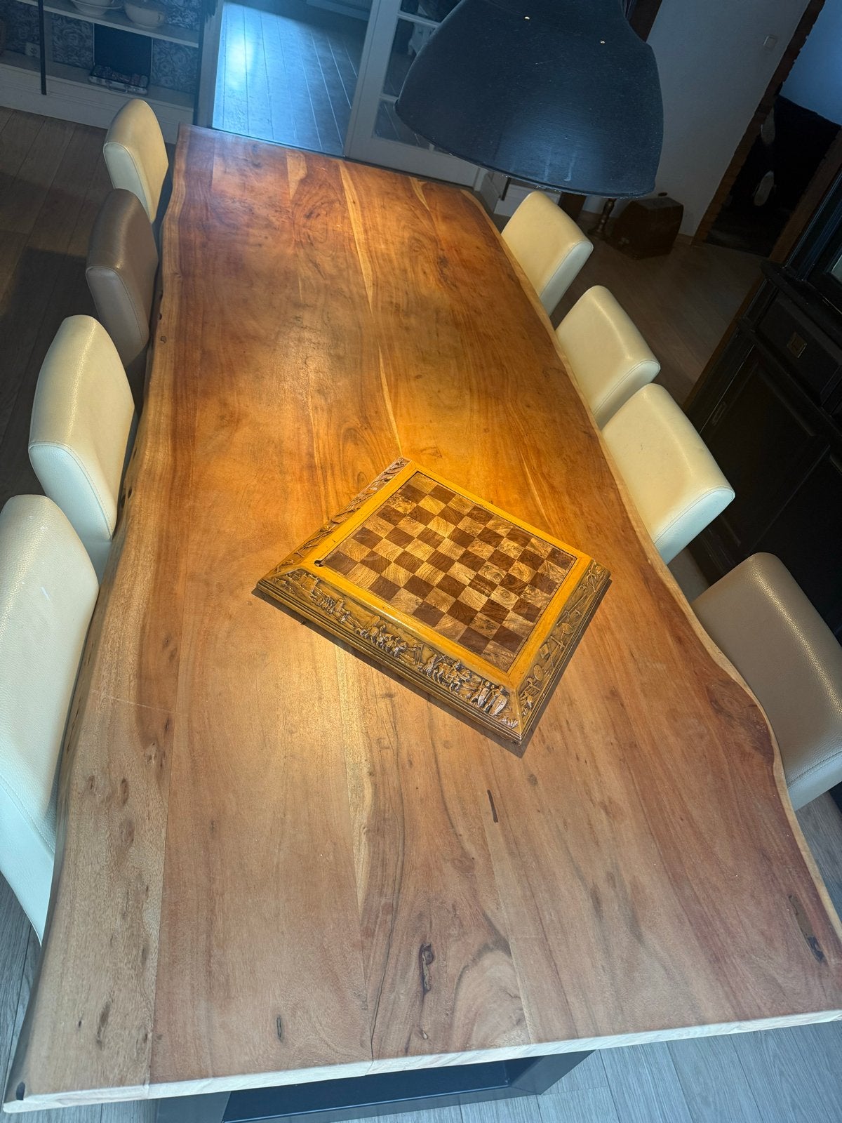 Massieve houten eettafel met 8 stoelen, Huis en Inrichting, Tafels | Eettafels, Ophalen, 100 tot 150 cm, 200 cm of meer, Zo goed als nieuw