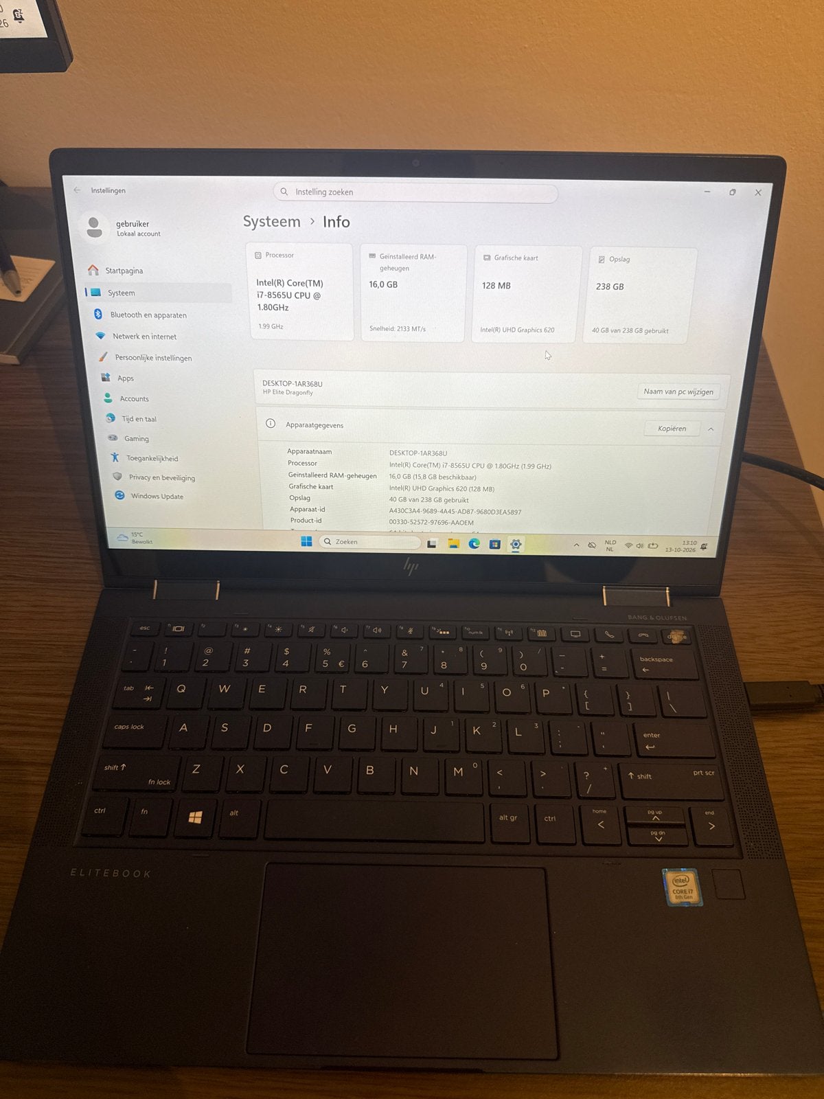 HP Elite Dragonfly i7-8565U 16GB RAM 256GB SSD 13.3 inch, Qwerty, 13 inch, Minder dan 2 Ghz, Met touchscreen