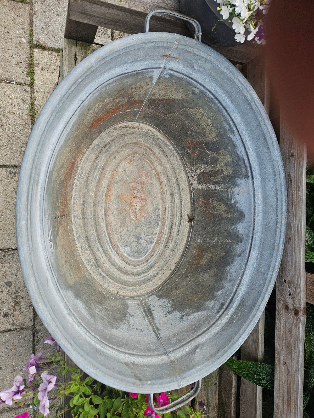 Zinken plantenbakken set: ronde kuip en rechthoekige bakken, Ophalen, Gebruikt, Rond, Balkon