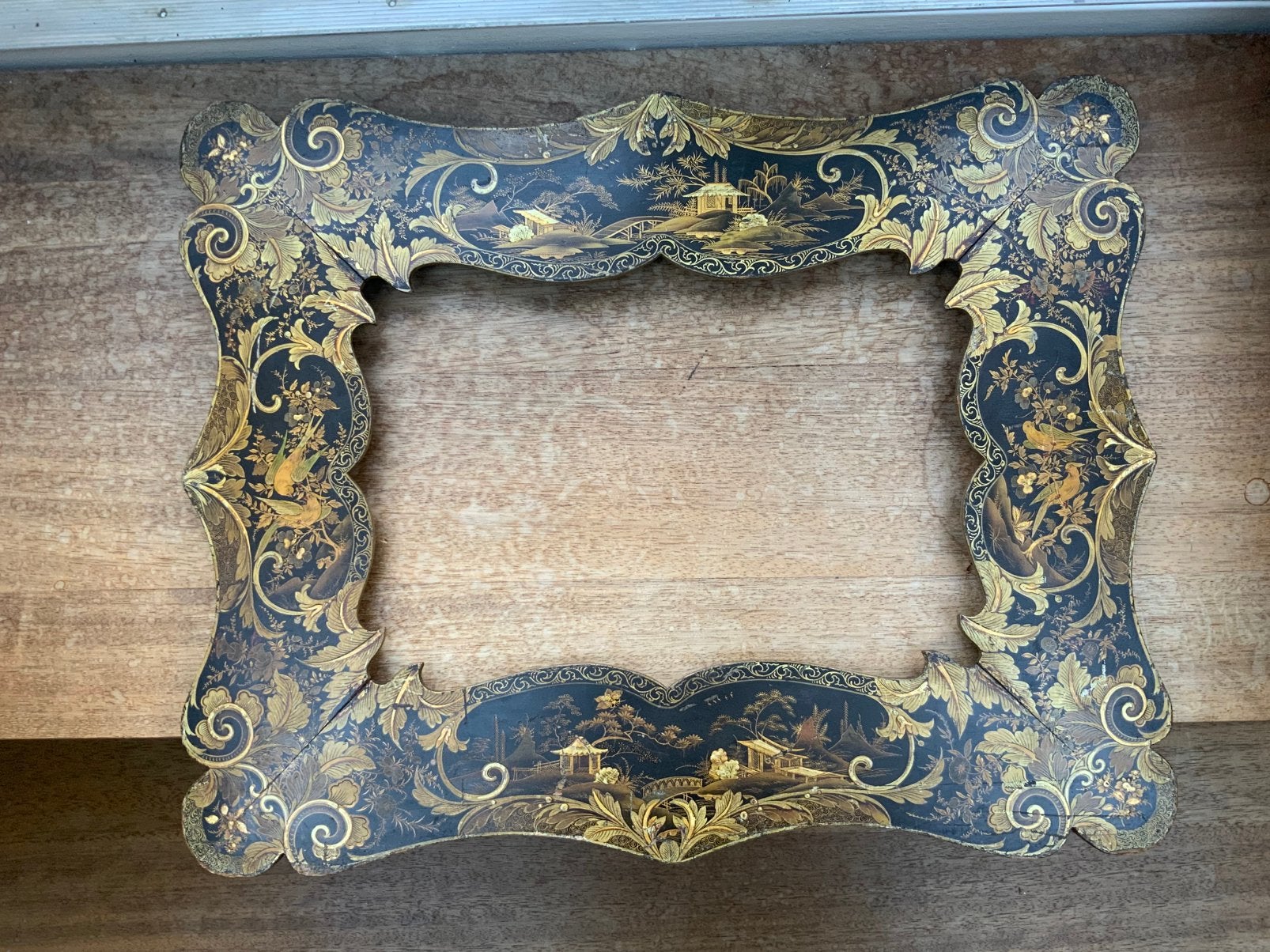 Antieke Chinoiserie Spiegellijst Zwart Goud Japan Lakwerk, Antiek en Kunst, Ophalen of Verzenden
