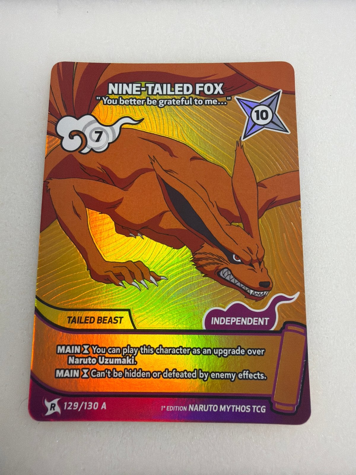 Naruto Mythos TCG Nine-Tailed Fox 1st Edition Foil, Ophalen of Verzenden, Zo goed als nieuw, Losse kaart, Foil