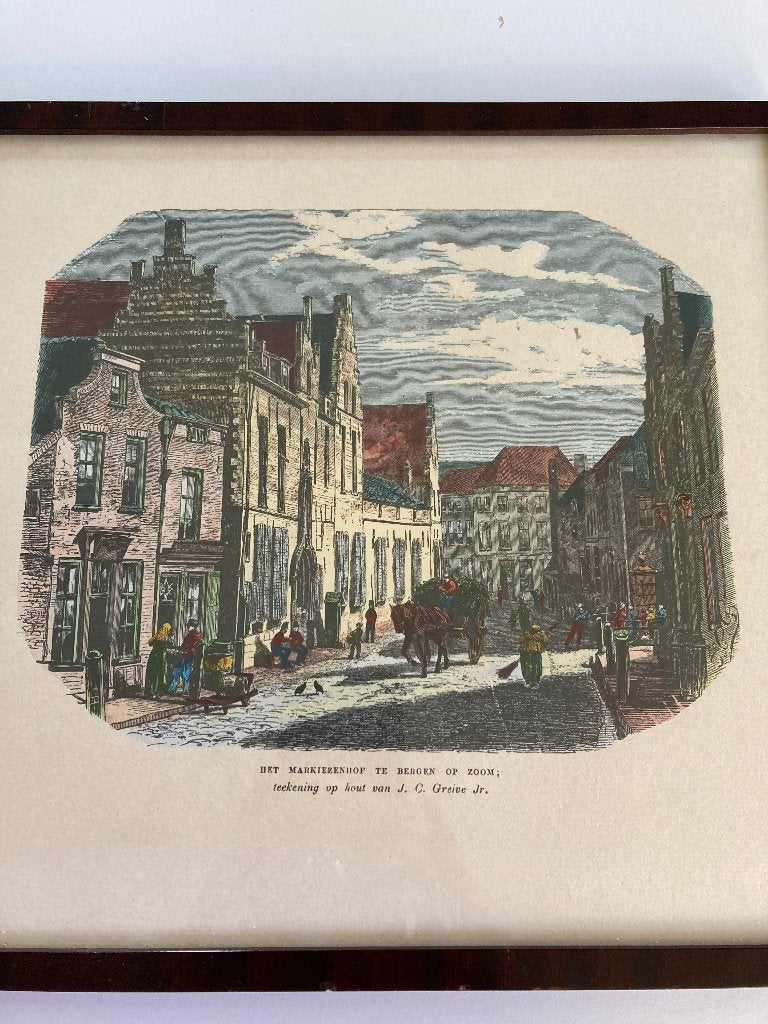 Ingekleurde prent van Markiezenhof in Bergen op Zoom, Gebruikt, Ophalen of Verzenden, Gebouw, Voor 1940