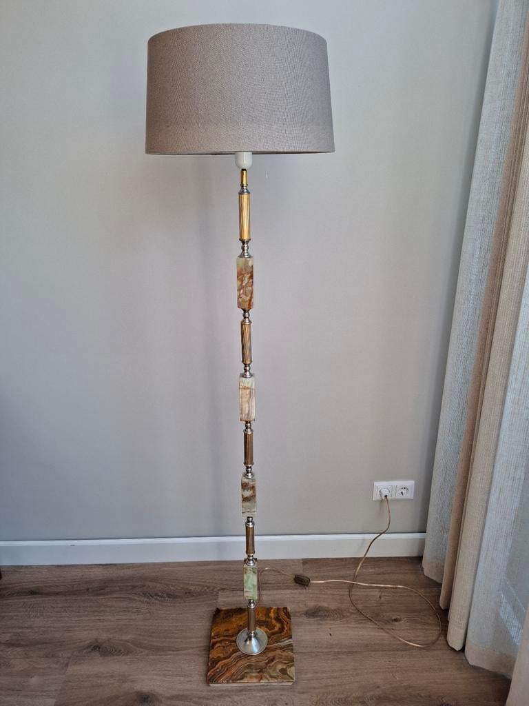 Onyx marmeren lampenvoet met linnenkap of vintage lampenkap, Huis en Inrichting, Ophalen, Stof