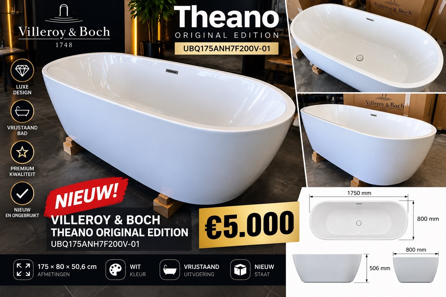 Villeroy & Boch Theano – NIEUW – Vrijstaand bad, Ophalen, Nieuw, Met bad
