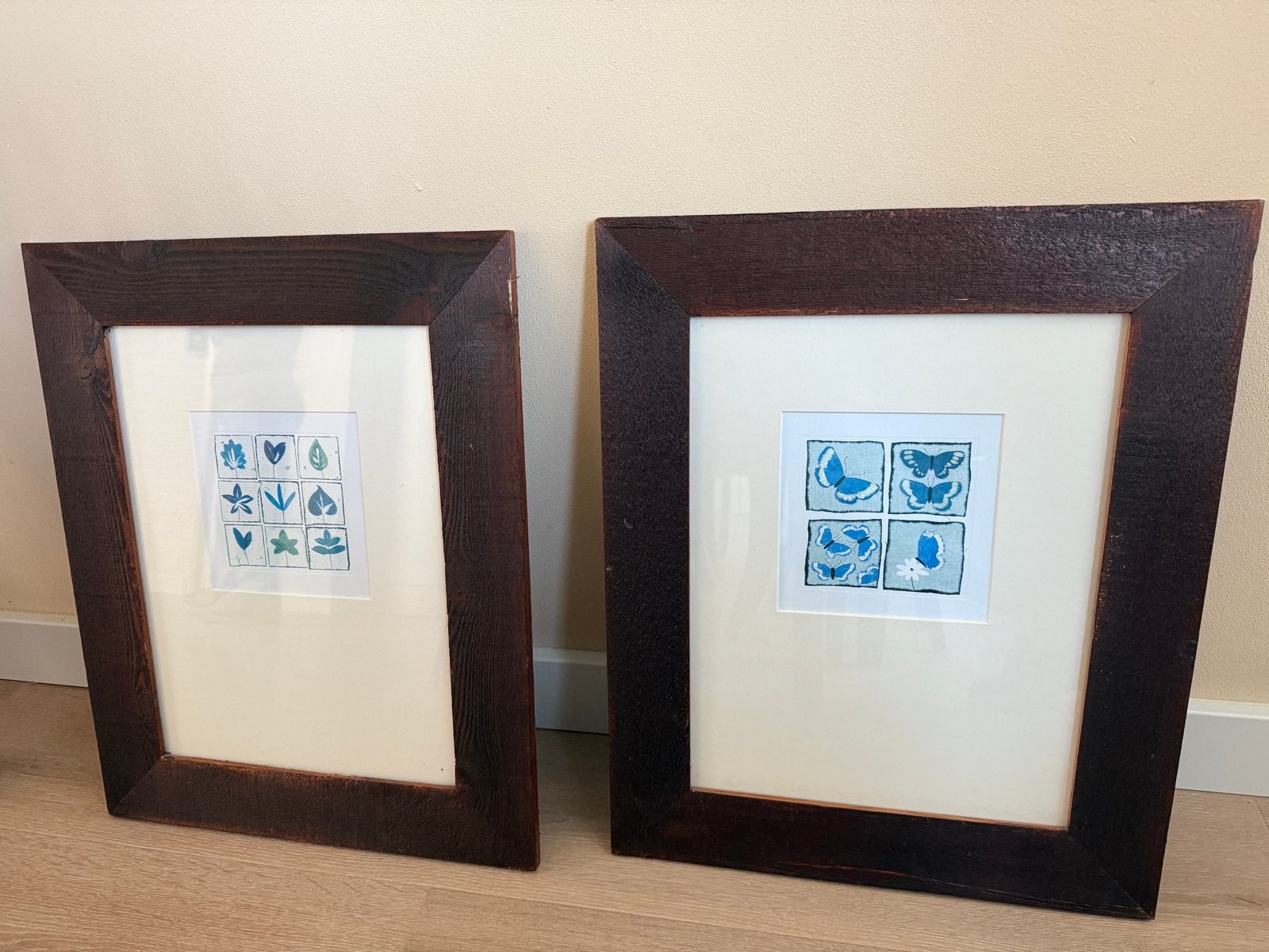 Set van 2 ingelijste kunstwerken - vlinders en symbolen, Ophalen of Verzenden