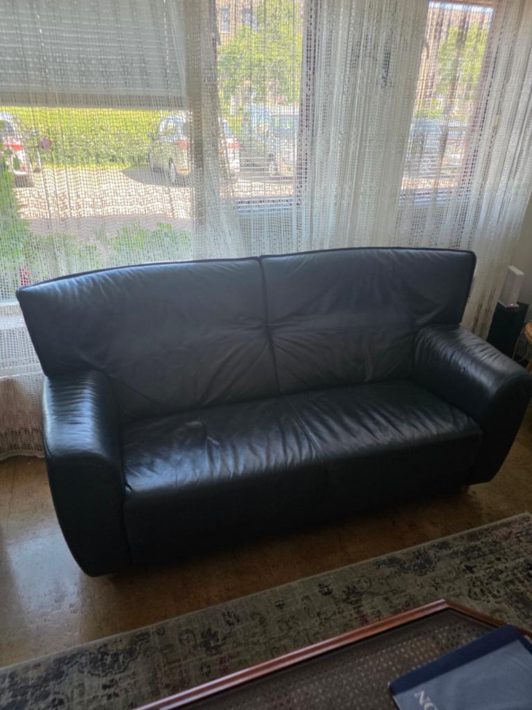 Leren 2-zitsbank en fauteuil - Donkerblauw, Gebruikt, Klassiek, Comfortabel, 150 tot 200 cm, Tweepersoons