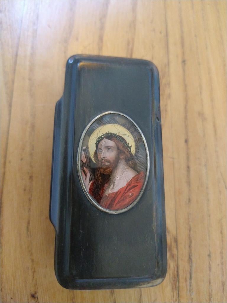 Rozenkrans antieke opbergdoosje /portret Jesus, Verzamelen, Ophalen of Verzenden, Gebruikt