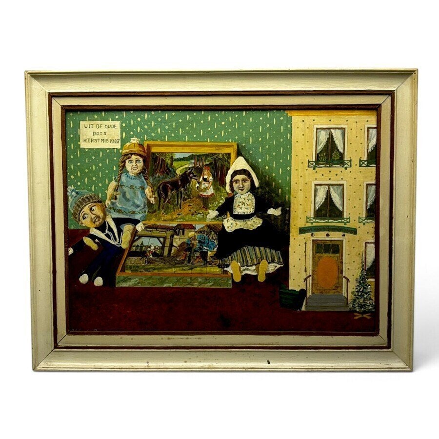 Hollandse School 'Uit de oude doos kerstmis 1967', Figuren, Gesigneerd, Ophalen of Verzenden, Olieverf