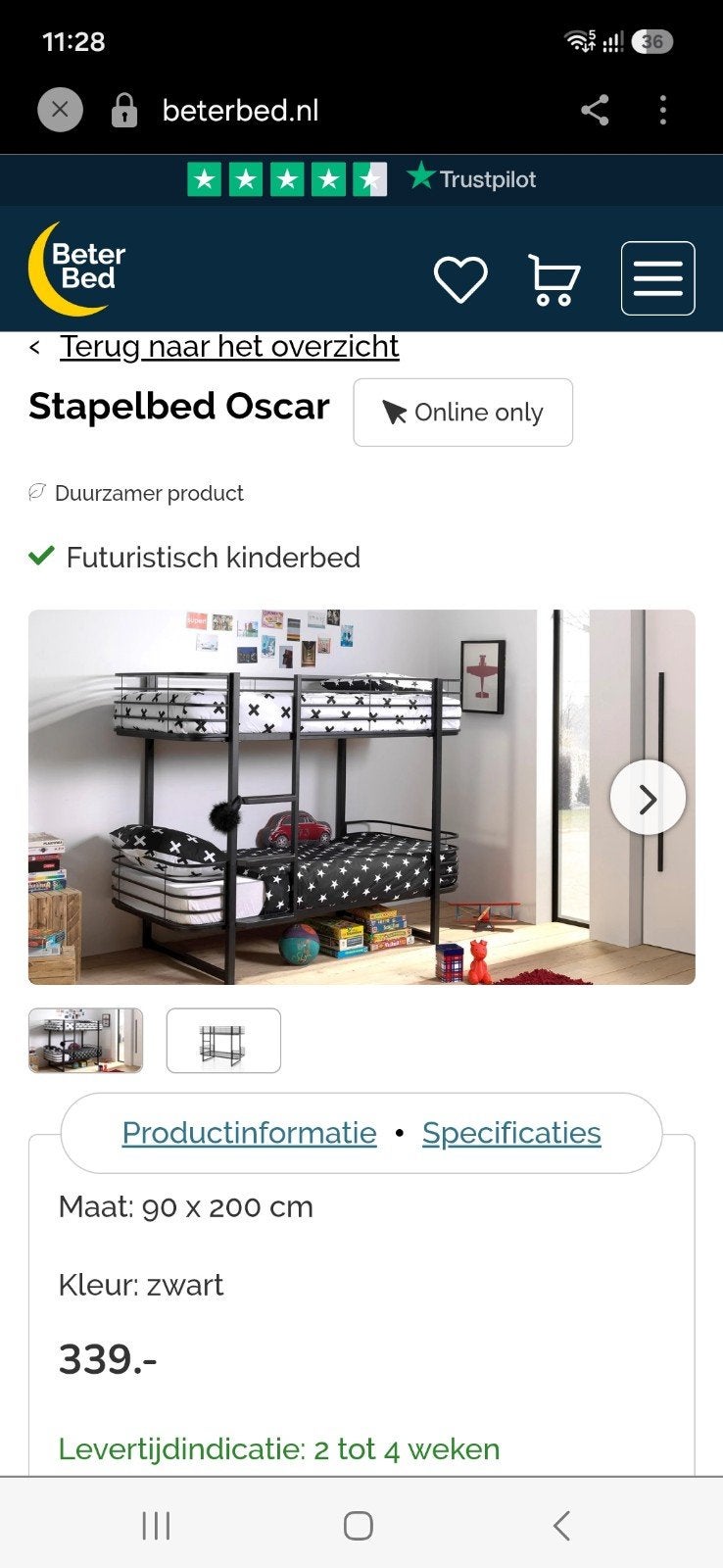 Stapelbed Oscar 90x200 cm - Zwart metalen kinderbed, Ophalen, Zo goed als nieuw, Stapelbed