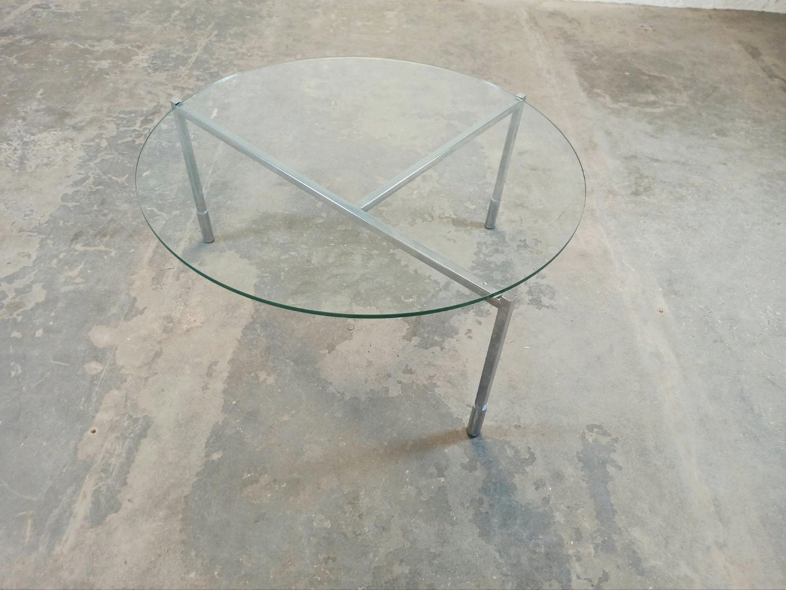 Vintage glas en metaal salontafel, rond, Ophalen, Tweedehands, 50 tot 100 cm, Tweedehands